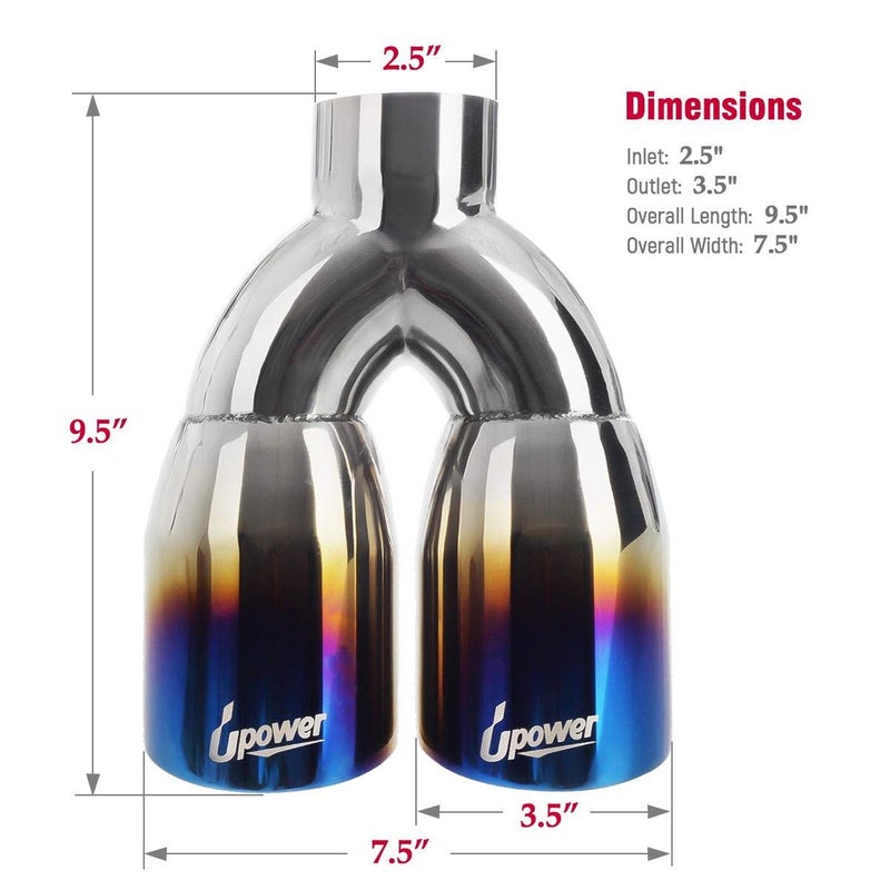 Upower Dual Exhaust Tips 2.5" Inch Inlet 3.5" Outlet 9.5" Length Vacuum Plating Blue Polished 304 Stainless Steel 1.2mm Thickness Double Wall Slant 2.5" to 3.5" Exhaust Tailpipe - Image 4